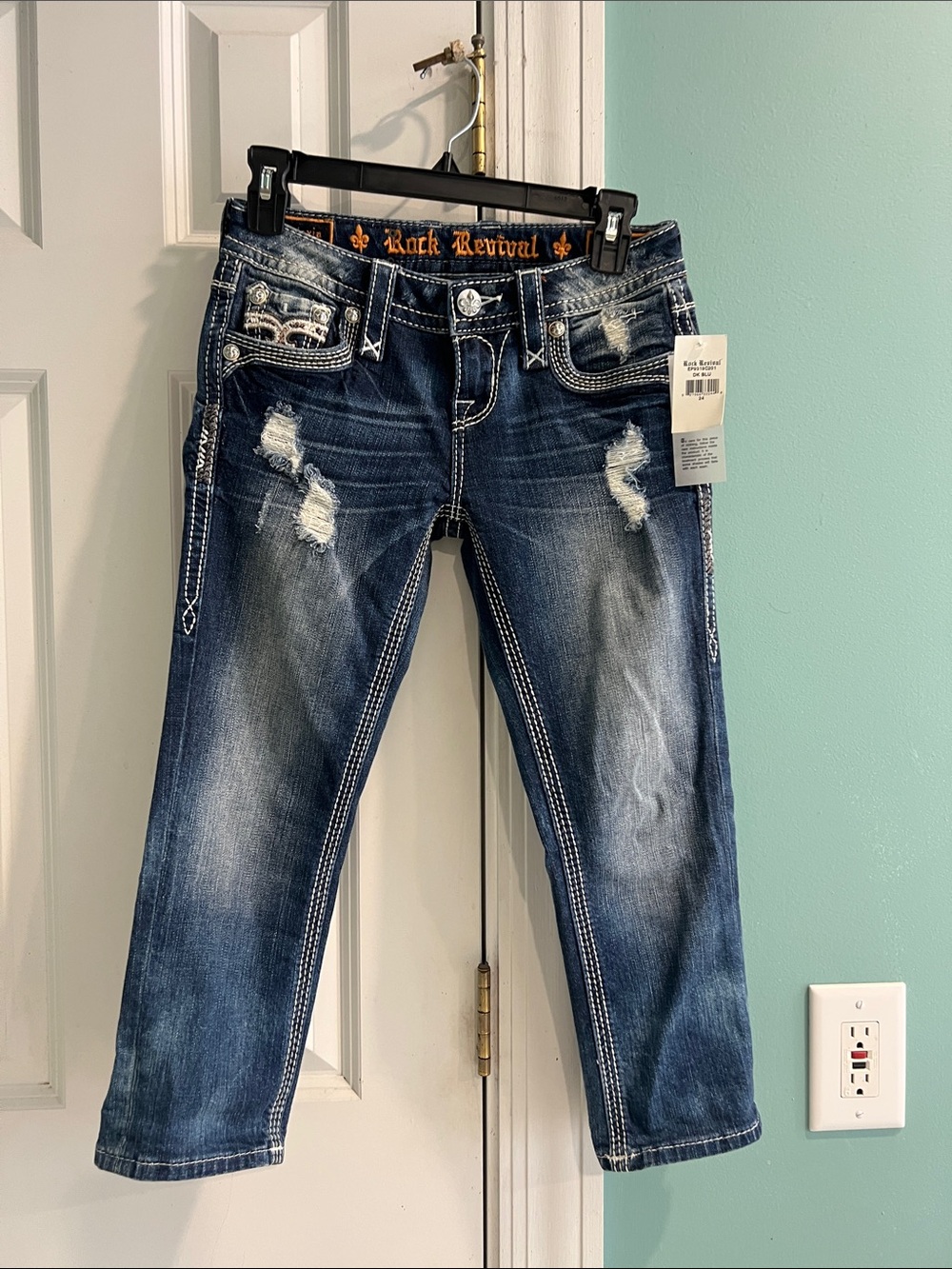 Rock Revival Women's Distressed Medium-Dark Blue Boyfriend crop jeans